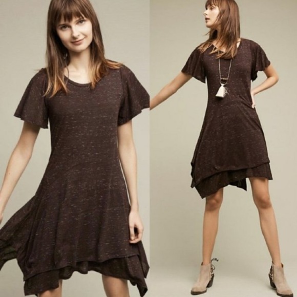 Anthropologie Dolan Plum Boho Flutter Sleeve Mini Layered T Shirt Stretch Dress - Picture 1 of 11